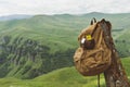 Hipster yellow vintage backpack with a mug fixed on it with a mug close-up front view. Traveler`s travel bag in the Royalty Free Stock Photo