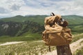 Hipster yellow vintage backpack with a mug fixed on it with a mug close-up front view. Traveler`s travel bag in the Royalty Free Stock Photo