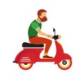Hipster young bearded man character with retro red scooter on the white background Royalty Free Stock Photo