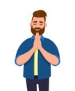 Hipster young bearded man in closed eyes praying hands together. Trendy person holding palms in prayer. Male character. Royalty Free Stock Photo