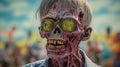 Hipster zombie with rotting flesh and yellow sunglasses stuck on its eyes at the beach. AI-generated