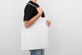 hipter woman holding eco fabric bag isolate on white background Royalty Free Stock Photo