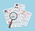 Hire recruitment worker personnel vacancy candidate paper page resume job recruiting choice businessman magnifying glass Royalty Free Stock Photo