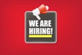 We are hiring advertising horizontal banner with a megaphone on red background. Banner with a megaphone for promoting