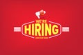 We are hiring advertising horizontal banner with a megaphone on red background. Banner with a megaphone for promoting