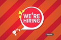 We are hiring advertising horizontal banner with a megaphone on red background. Banner with a megaphone for promoting