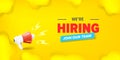 We are hiring advertising horizontal banner with a megaphone on yellow background. Banner with a megaphone for promoting