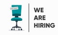 We are hiring, banner concept, vacant position. Business hiring and recruiting concept. Empty office chair with vacant sign Royalty Free Stock Photo