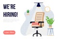 We are hiring banner design. Job vacancy vector poster. Empty office chair and vacant sign on it. Business recruiting Royalty Free Stock Photo