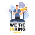 We are hiring concept banner. Man shouting on megaphone with join our team word. Laptop notebook screen.