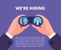 We are hiring concept. Businessman, recruiter hands holding binocular with employees in lenses. Recruiting vector poster