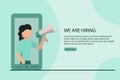 We are hiring concept poster. Woman with megaphone announces vacancy from mobile screen. Stock flat vector illustration