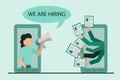 We are hiring concept. Woman with megaphone announces vacancy and hands with cv from phone screen. vector illustration