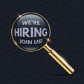 Hiring design template. Vector realistic golden magnifier isolated on dark pattern background. Royalty Free Stock Photo