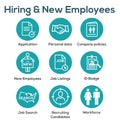 Hiring and Employees icons - job related images showing hiring