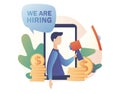 We are Hiring. Jobs concept. Recruitment and headhunting agency. Tiny person shouting on megaphone with We are hiring