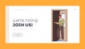 We are Hiring, Join Us Landing Page Template. Friendly Character Invite into Open Door, Man Showing Invitation Gesture