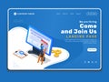 Hiring landing page illustration template with isometric people put recruitment info on website page