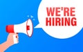 We are hiring megaphone blue banner in flat style. Vector illustration.