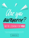 Hiring poster design concept with pink and blue colors and lettering inscription 