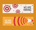 Hiring recruitment design flyer. We are hiring banner vector illustration. Open vacancy design template. Job search