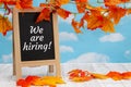 We are hiring sign with standing chalkboard with fall leaves