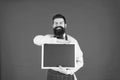 Hiring staff. Hipster bartender show blackboard copy space. Hipster restaurant staff. Hipster informing you. Man bearded