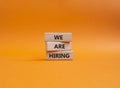We are Hiring symbol. Concept words We are Hiring on wooden blocks. Beautiful orange background. Business and We are Hiring
