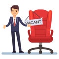 Hiring vector concept. Flat character businessman and boss chair with table Vacant