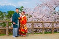 Unidentified Japanese gloom and bride at Hirosaki park Royalty Free Stock Photo