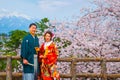 Japanese couple attend a Japanese traditional wedding ceremony at Hirosaki Park Royalty Free Stock Photo