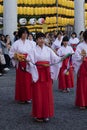 Manto Mitama Matsuri festival at the Hiroshima Gokoku-jinja Shrine, the spectacle of 100 shrine maidens dancing by lantern light