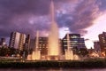 Hiroshima, Japan - October 2 2019: The Fountain of Prayer located in within the Peace Memorial Park. Purple cloud background at