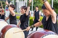 Male japanese drumer playing Taiko - Kumi-daiko performance in Hiroshima, Japan.