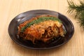 Hiroshima-style okonomiyaki with yakisoba noodles topped with green laver.