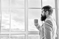 His big day. Wedding morning concept. Wedding day. Groom bearded hipster man wear blue tuxedo and bow tie. Man stand at Royalty Free Stock Photo