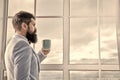 His big day. Wedding morning concept. Wedding day. Groom bearded hipster man wear blue tuxedo and bow tie. Man stand at Royalty Free Stock Photo