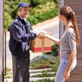 His customer is just as valued as her package. a woman shaking hands with a friendly delivery man. Royalty Free Stock Photo