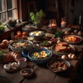 Variety of high protein foods on wooden table