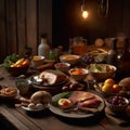 Variety of high protein foods on wooden table