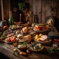 Variety of high protein foods on wooden table