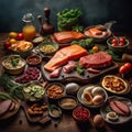 Variety of high protein foods on wooden table