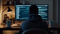 In his office, a guy programmer sits in front of a computer screen to write software code. The IT concept, AI Generative