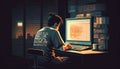 In his office, a guy programmer sits in front of a computer screen to write software code. The IT concept, AI Generative