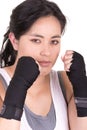 Hispanic aggressive woman with boxing gloves