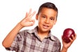 Hispanic Boy with Apple and Okay Hand Sign