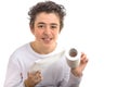 Hispanic boy unrolling toilet blank white paper roll