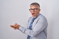 Hispanic business man with grey hair wearing glasses pointing aside with hands open palms showing copy space, presenting Royalty Free Stock Photo