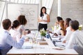 Hispanic Businesswoman Leading Meeting At Boardroom Table