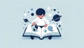 Hispanic Child Reading a Large Book with Minimalistic Planet Illustrations AI Generated